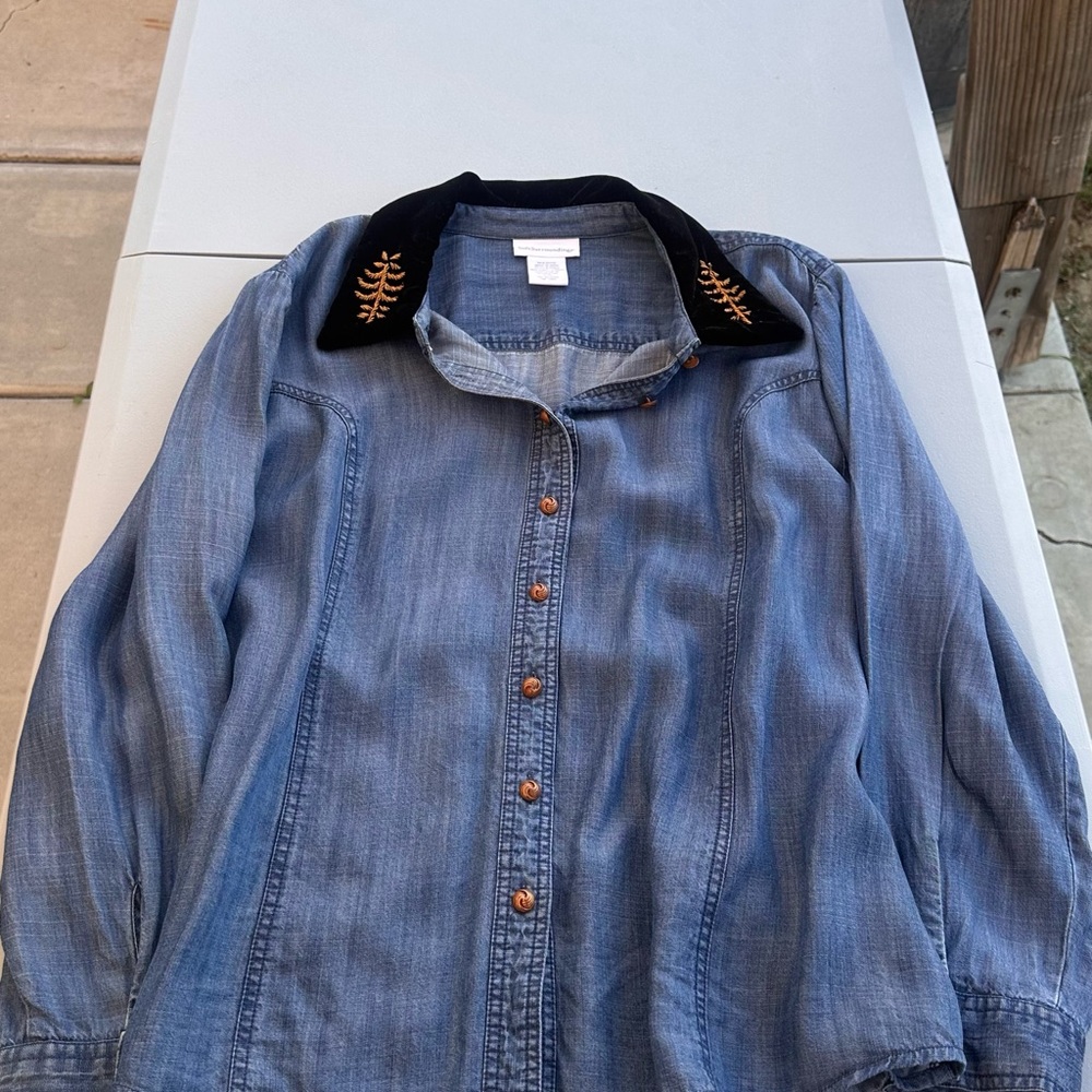 Soft Surroundings Denim Button Down With Embroide… - image 1